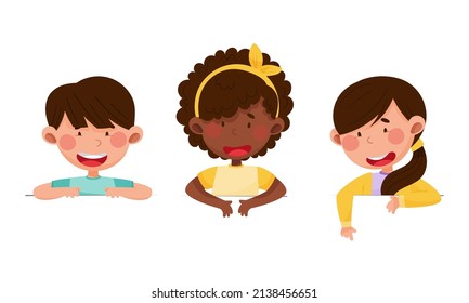 Happy smiling little children peeking out from wall or looking over blank sign board cartoon vector illustration