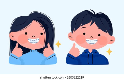 Happy smiling little girl and boy with dental braces and showing thumbs up. Happy kids with dental smile via orthodontic treatment. Cartoon character hand drawn portrait vector flat illustration