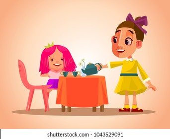 Happy smiling little girl character play tea party and care her doll. Vector cartoon illustration