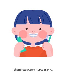 Happy smiling little girl with dental braces holding Toothbrush. Hand drawn cute cartoon character portrait vector illustration