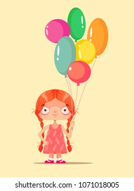 Happy smiling little girl holding colorful balloons. Happy birthday party. Vector flat cartoon graphic design isolated illustration