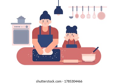 Happy Smiling little girl looks at the mother kneading the dough on the table.Homemade food.Happy loving family are preparing bakery together in kitchen.Illustration about activity cooking.