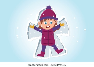 Happy smiling little girl lying on snow covered ground, making snow angels spreading arms and legs, having fun. Winter entertainment. Basic flat style vector illustration on white background.