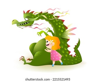 Happy smiling little girl playing with scary confused dragon, cartoon for kids fairytales or story. Little child and big dragon monster. Vector illustration for children story.