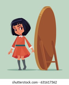 Happy smiling little girl trying new dress and looking at mirror. Vector flat cartoon illustration