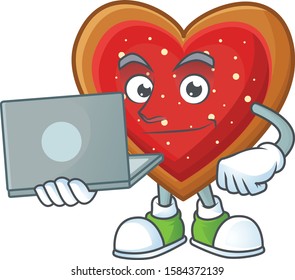 Happy smiling love cookies cartoon character working with laptop