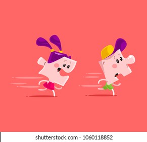 Happy smiling in love puzzle piece woman girl character go after chasing puzzle piece man boy run away. Relationship difficulties problem concept. Vector flat cartoon isolated illustration