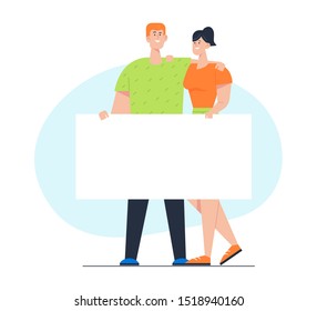 Happy Smiling Loving Couple or Friends Standing Together Displaying White Blank Placard for Text or Advertisement. Cheerful Man and Woman Hugging Holding Empty Banner. Cartoon Flat Vector Illustration