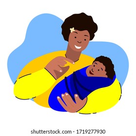 Happy Smiling Loving Woman Talking,Dandling, Playing with her Newborn Baby Caring,Nursing in Hands.Mother Lullaby.Mom and Child Postpartum Rehabilitation and Support.Birth Kid.Flat Vector Illustration