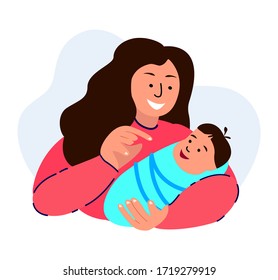 Happy Smiling Loving Woman Talking,Dandling, Playing With Her Newborn Baby Caring,Nursing In Hands.Mother Lullaby.Mom And Child Postpartum Rehabilitation And Support.Birth Kid.Flat Vector Illustration