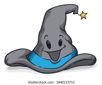Happy and smiling magic wizard hat character decorated with band and hanging star, isolated over white background.