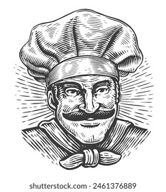 Chef masculino sonriente feliz en toque. Cocina en sombrero de cocinero. Cocina, cocina, concepto de cocina de restaurante