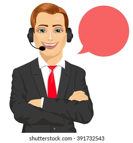 happy smiling male customer support phone operator with arms folded and speech bubble