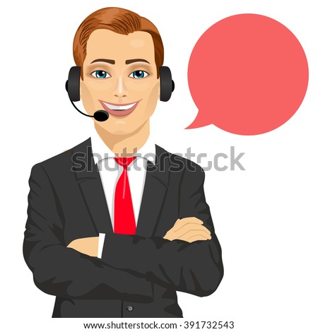 happy smiling male customer support phone operator with arms folded and speech bubble