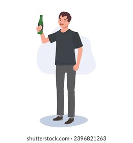 Happy Smiling Male Enjoying Craft Beer.  Casual Man Holding Beer Bottle