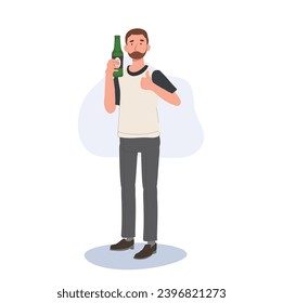 Happy Smiling Male Enjoying Craft Beer.  Casual Man Holding Beer Bottle