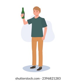 Happy Smiling Male Enjoying Craft Beer.  Casual Man Holding Beer Bottle