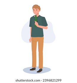 Happy Smiling Male Enjoying Craft Beer.  Casual Man Holding Beer Bottle