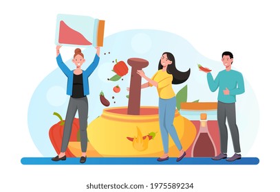 Happy smiling male and female characters are cooking food together. Group of cheerful people putting vegetables and other ingredients into the pot stirring with spoon. Flat cartoon vector illustration