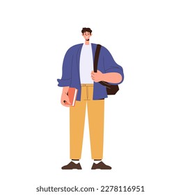 Happy smiling male student character standing with bag and book in hand. Cheerful teenager wearing casual clothes isolated on white background. Young people and education concept. Vector illustration