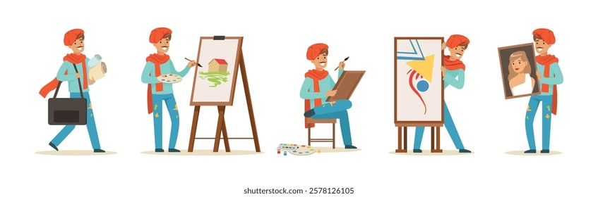 Happy Smiling Man Artist Painting on Canvas with Drawing Easel Vector Set