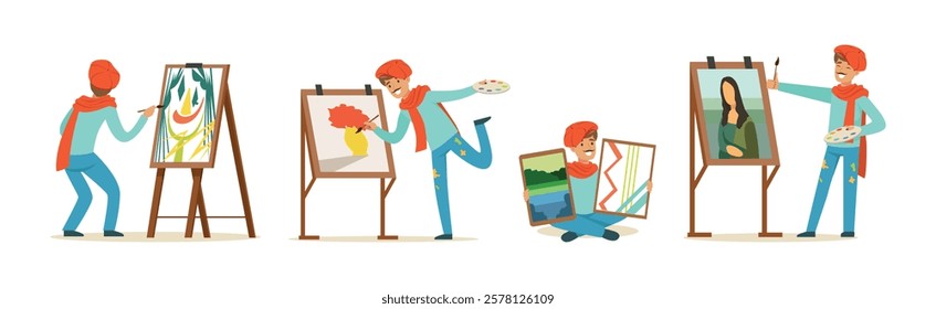 Happy Smiling Man Artist Painting on Canvas with Drawing Easel Vector Set