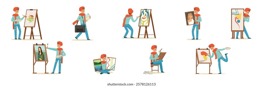 Happy Smiling Man Artist Painting on Canvas with Drawing Easel Vector Set