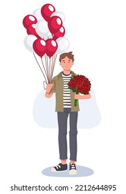 Glücklicher lächelnder Mann mit Ballons und ein Haufen Rose wartet auf seinen Liebhaber. Vektorromantische Illustration