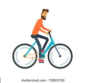 Happy smiling man with beard in orange sweater and jeans riding blue bike. Vector illustration of male traveler isolated on white background
