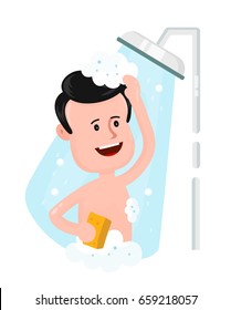Happy smiling man boy take shower in the bathroom and sing. Vector modern flat style cartoon character illustration. Isolated on white background. Shower bath concept design