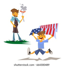 Happy smiling man character barbecuing. Vector flat cartoon illustration Cute little happy boy enjoying and celebrating on occasion of 4th of July