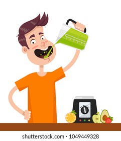 Happy smiling man character cook fruit smoothie milkshake juice and drink. Good morning concept. Healthy lifestyle and breakfast. Vector flat cartoon isolated illustration