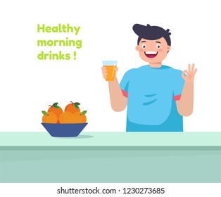 Happy smiling man character cook fruit juice and drink. Good morning concept. Healthy lifestyle and breakfast. Vector flat cartoon isolated illustration