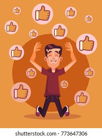 Happy smiling man character get many likes. Vector cartoon illustration