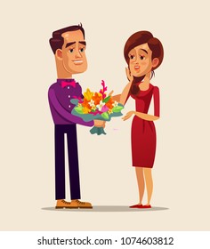 Happy smiling man character giving flowers woman. Romance dating love boyfriend and girlfriend concept. Vector flat cartoon isolated illustration