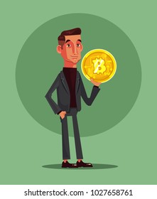 Happy smiling man character hold bitcoin