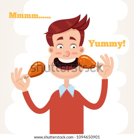 Happy smiling man character holding chicken legs and eating. Fast food concept. Vector flat cartoon design graphic isolated illustration