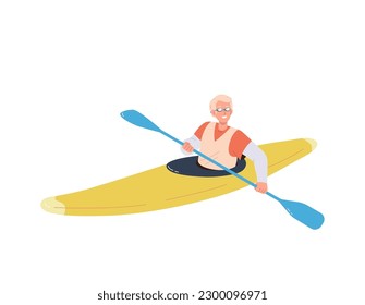 Happy smiling man character kayaking sitting in boat paddling vector illustration isolated on white