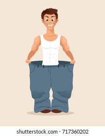 Happy smiling man character loose weight and try big pans. Vector flat cartoon illustration