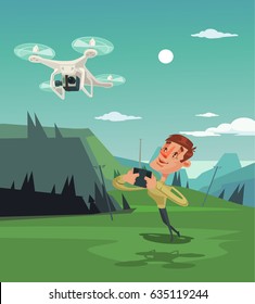 Happy Smiling Man Character Mascot Playing With Drone. Vector Flat Cartoon Illustration