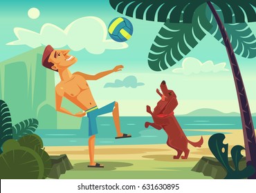 Happy smiling man character playing ball with his cheerful dog on the beach. Vector flat cartoon illustration