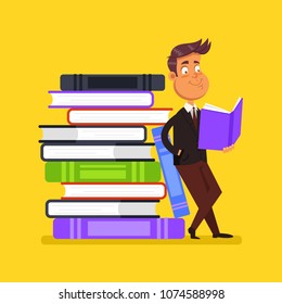 Happy smiling man character reading open book. Education literature library element concept. Vector flat cartoon design graphic isolated illustration