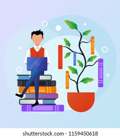 Happy smiling man character sitting on stock books and using laptop. Online education training courses specialization class university concept. Vector flat cartoon isolated banner illustration