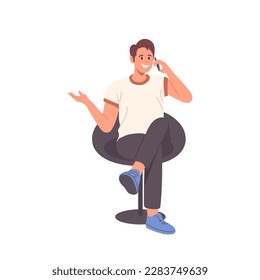 Happy smiling man character sitting on chair with crossed legs and talking mobile phone