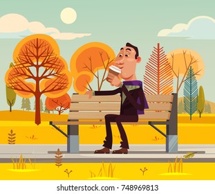 Happy smiling man character sitting on bench and drinking coffee. Vector flat cartoon illustration