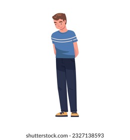 Happy Smiling Man Character Standing Looking Down Vector Illustration