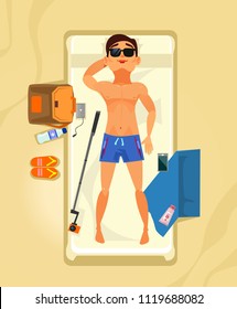 Happy smiling man character sunbathing and relaxing. Summer time holiday vacation beach line resort flat cartoon graphic design concept illustration