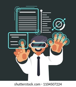 Happy smiling man character in virtual reality glasses. Modern technology concept. Vector flat cartoon graphic design isolated illustration