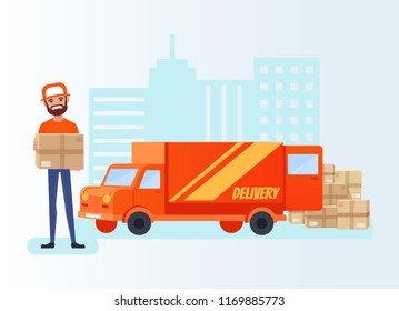 Happy smiling man courier standing near delivery car and holding carton box parcel package. Fast delivery company business concept. Vector flat cartoon isolated illustration