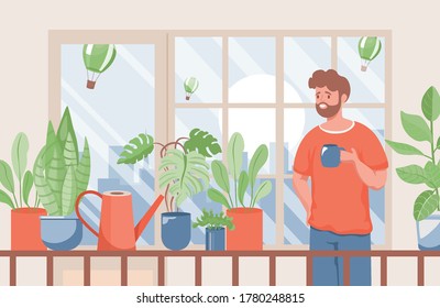 Happy smiling man with a cup of coffee or tea standing on balcony vector flat illustration. Summertime, house plants, and flowers in pots, watering can, and cityscape view with air balloons.